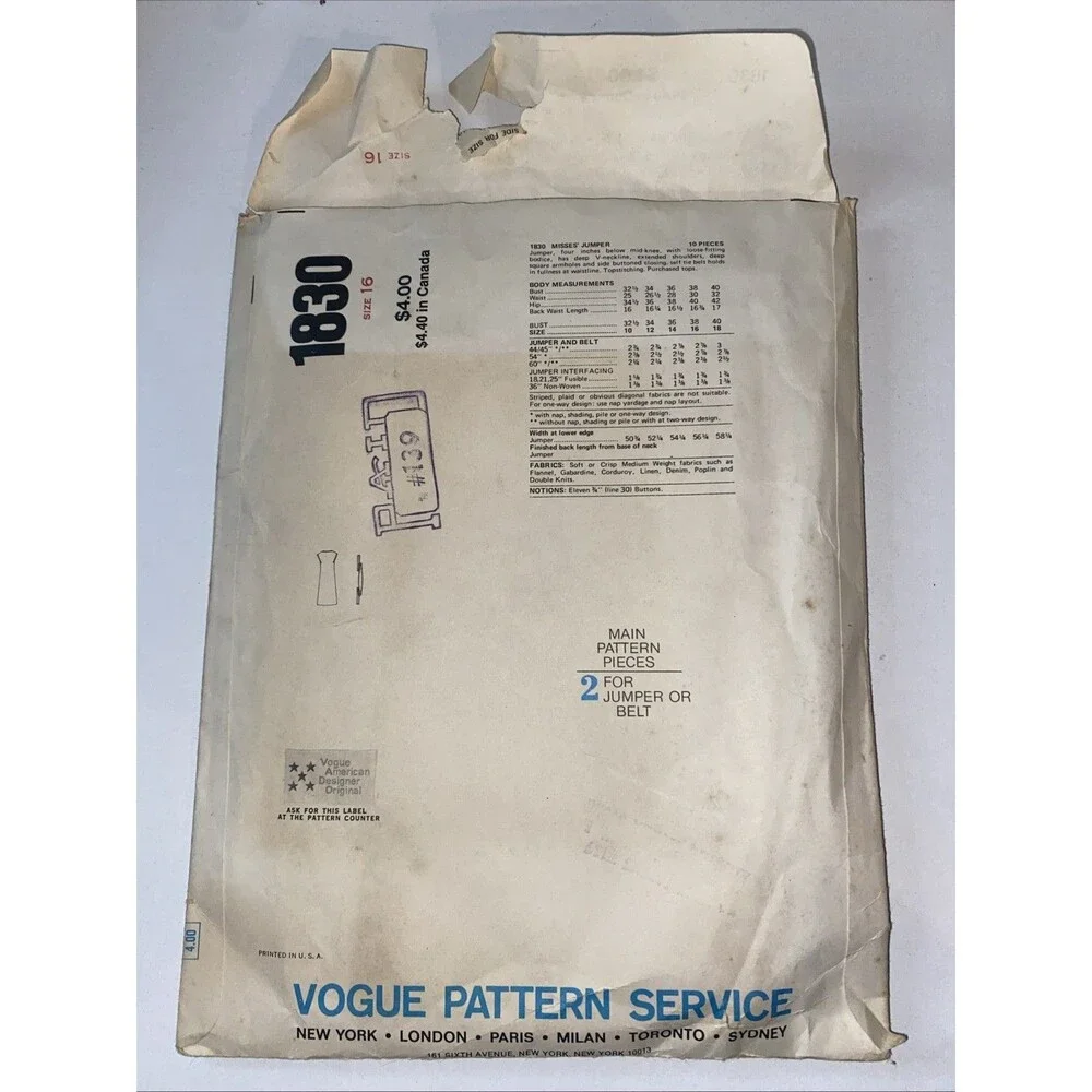 Vogue 1830 Very Easy American Designer Teal Traina Misses Jumper With Belt